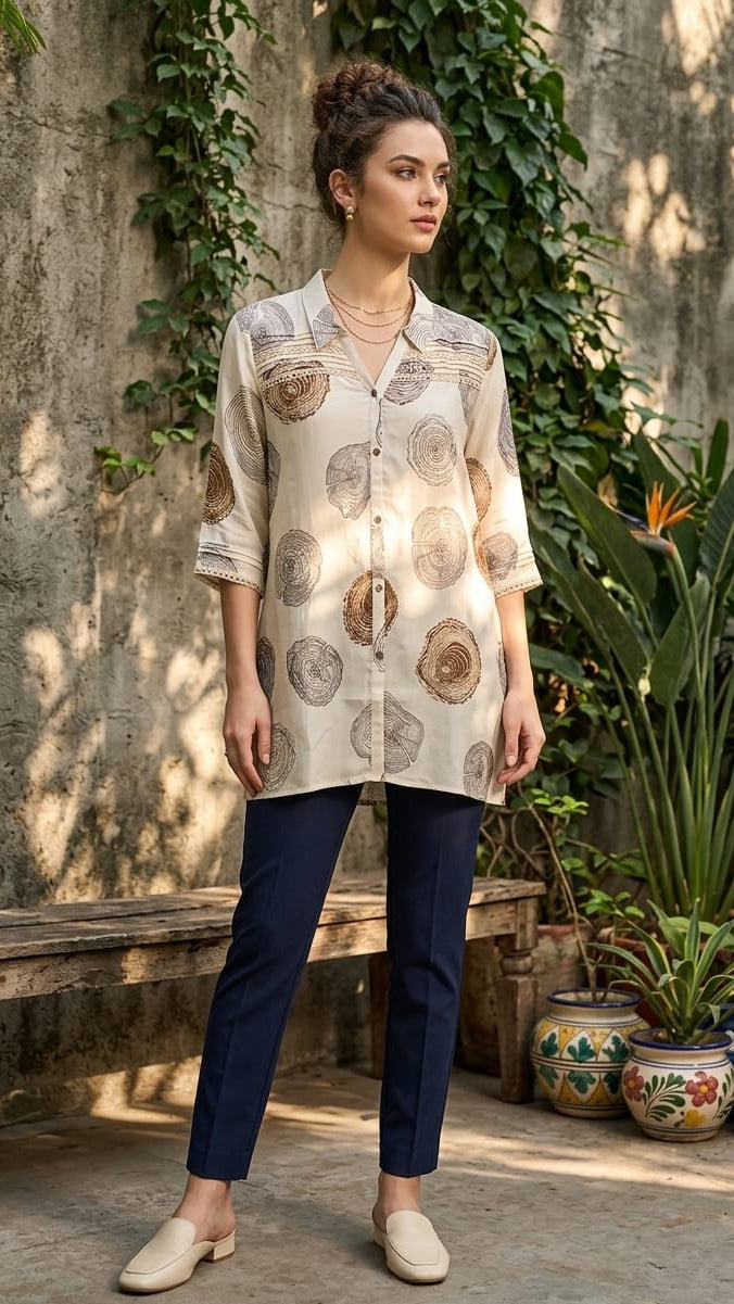 Woman wearing a patterned shirt and dark pants standing in a garden setting.