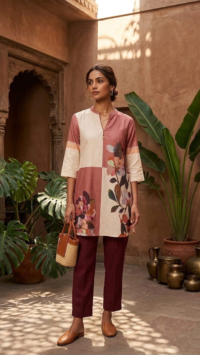 Woman in a floral outfit standing in a sunlit courtyard with plants and pots.