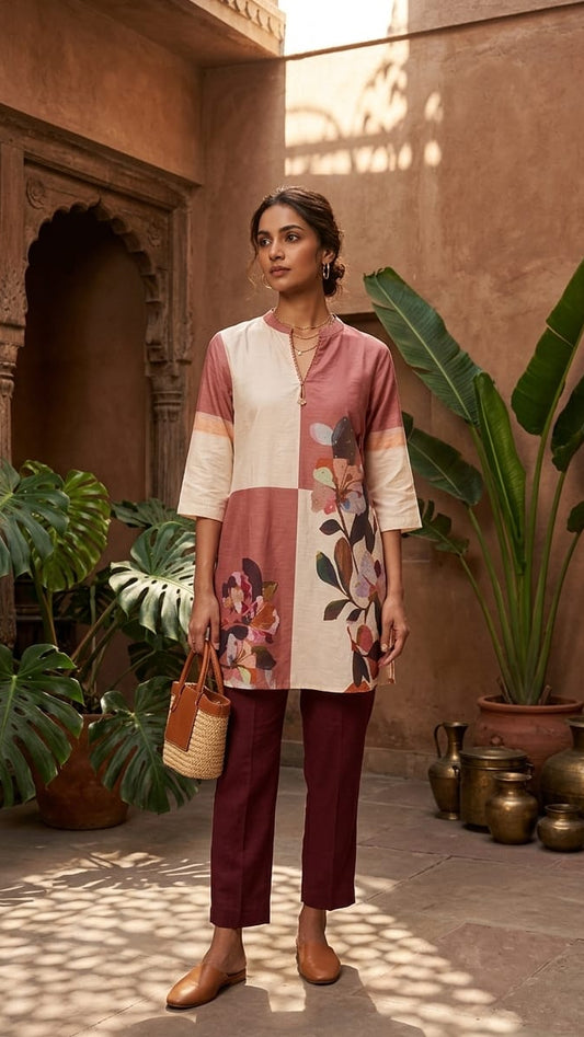 Woman in a floral outfit standing in a sunlit courtyard with plants and pots.