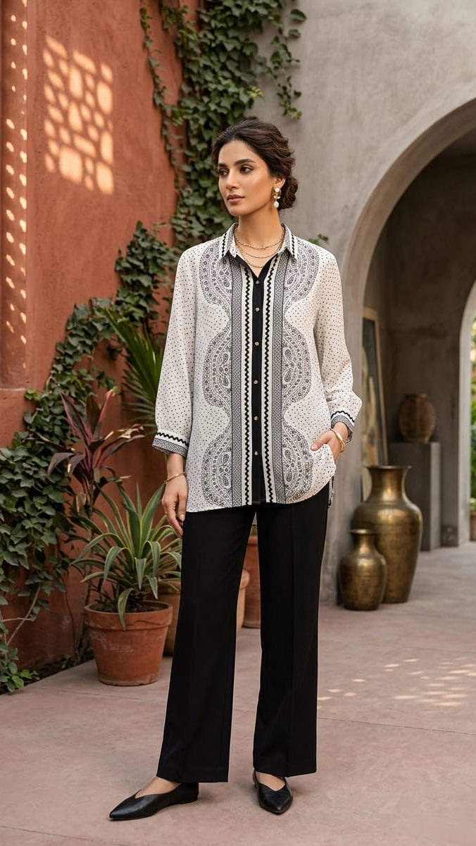 White Tunic with Black Paisley Print