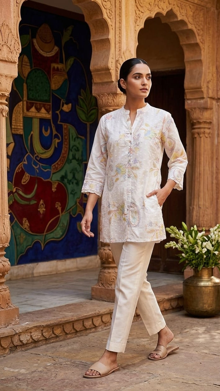 Woman in a white traditional outfit standing in an ornate architectural setting with decorative elements.