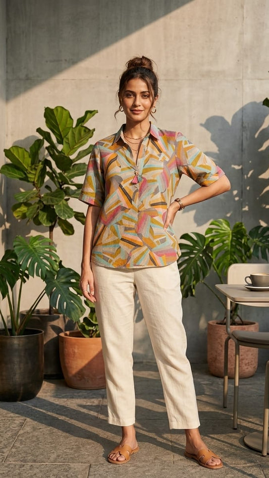 Woman in a colorful shirt and beige pants standing outdoors with plants and a table in the background.