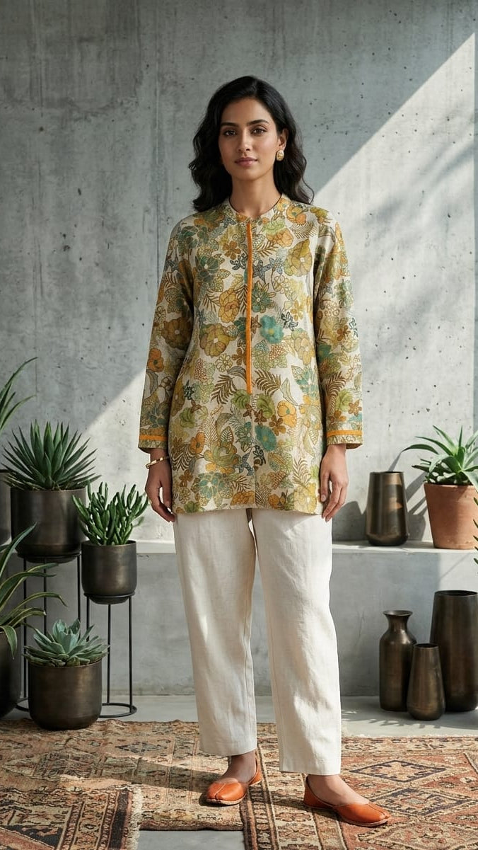 Woman wearing a patterned top and white pants standing in a room with plants and decorative vases.