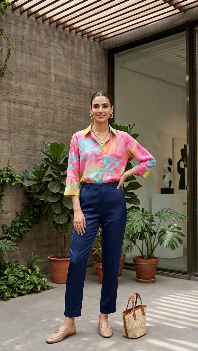 Woman in a colorful shirt and blue pants standing in an outdoor setting with plants and a building.