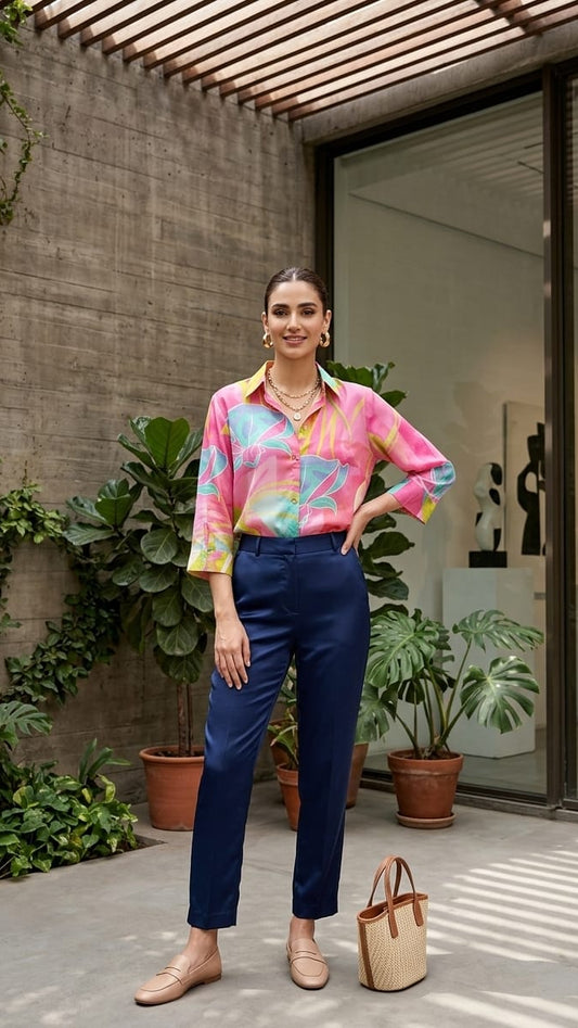 Woman in a colorful shirt and blue pants standing in an outdoor setting with plants and a building.