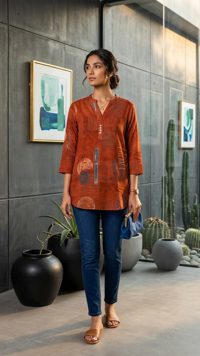 Woman in a rust-colored top and blue pants standing in front of a modern wall with abstract art and cacti.