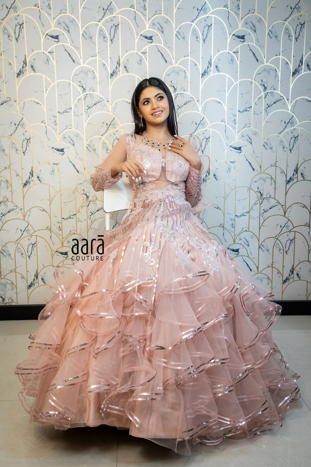 Photo of Light pink ruffled gown for cocktail | Indian wedding gowns,  Engagement dress for bride, Cocktail gowns