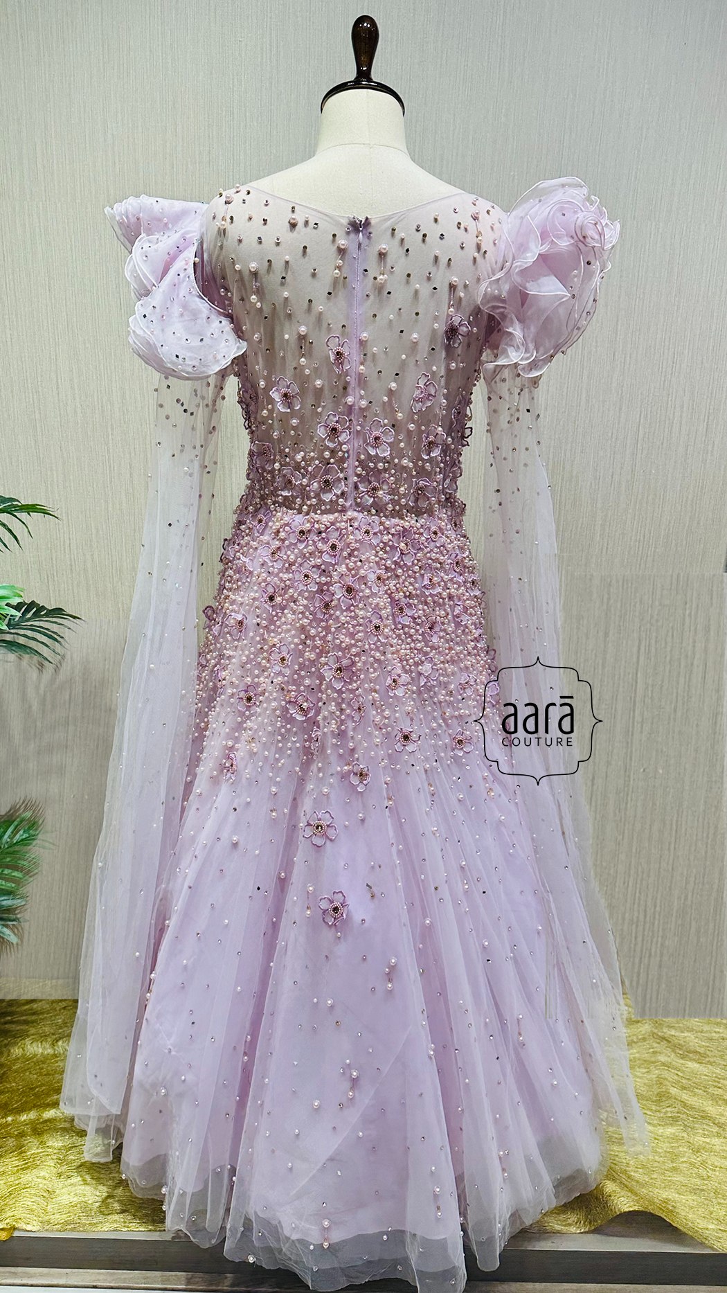 Peach Heavy Embroidered Peach Ruffle Gown by HER CLOSET for rent online |  FLYROBE