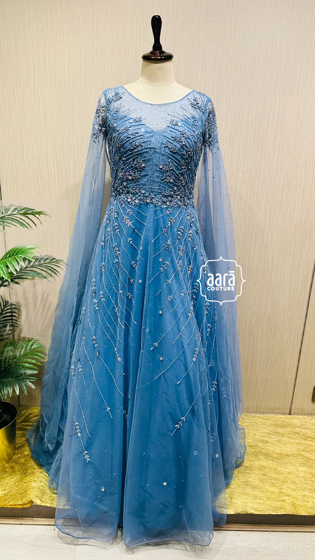 Buy Blue Mesh With Silk Underlining Embroidered Moonlight Cape Sleeve Gown  For Women by PARUL GANDHI Online at Aza Fashions.