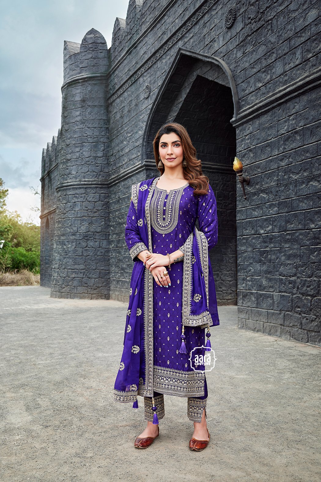Buy Brijraj Casual Wear Purple Coloured Satin Embelished Straight Suit with  a Matching Bottom and Purple Chiffon Dupatta at Amazon.in