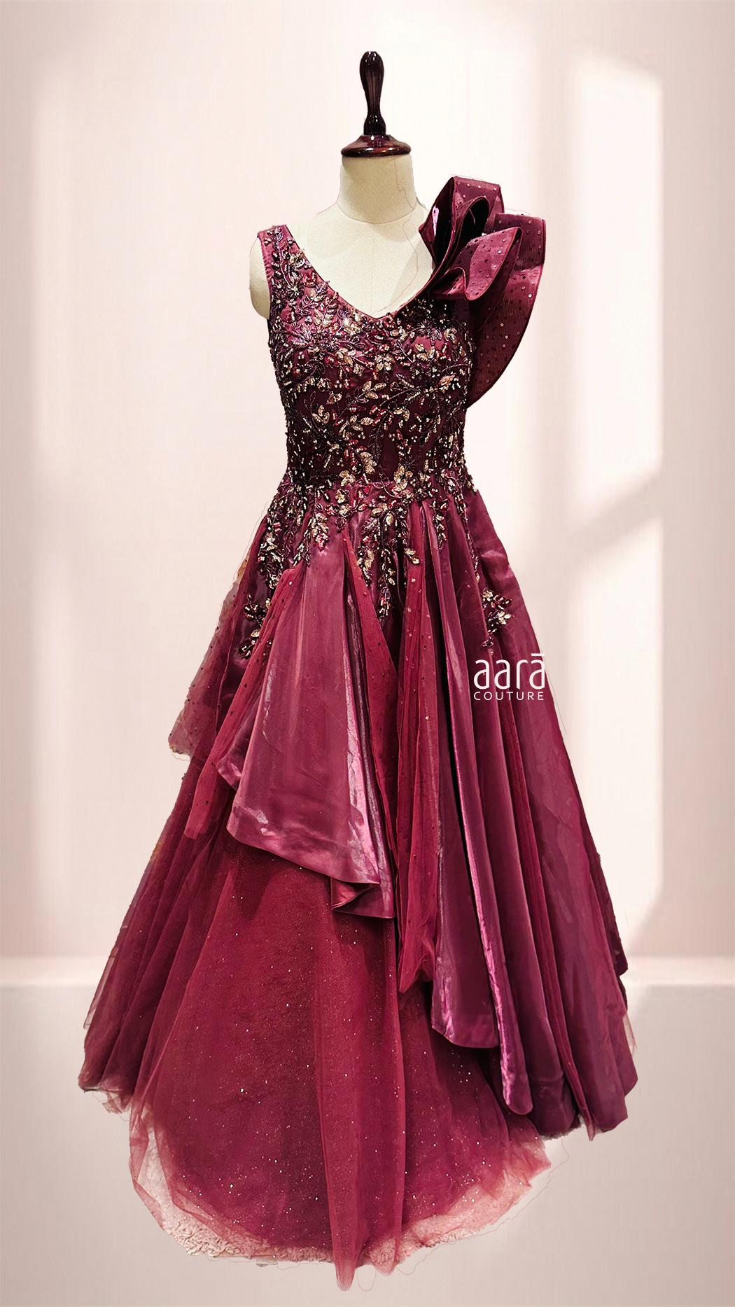 Burgundy Ball Gown Sequins Off the Shoulder 3D Flower Haute Couture Prom  Dress